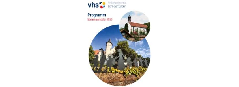 Titelseite des VHS-Programms Sommersemester 2025 mit Kirche, Schloss und Schneewittchen-Figuren