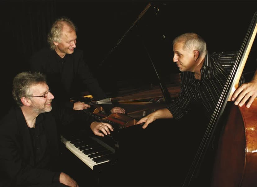 Drei Musiker an einem Flügel, einer sitzt am Klavier, ein weiterer spielt Kontrabass