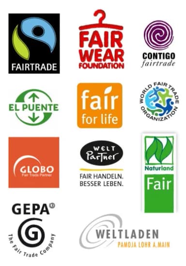 Logos verschiedener Fair-Handels-Organisationen: Fairtrade, Fair Wear Foundation, Contigo, El Puente, Fair for Life, World Fair Trade Organization, Globo, Weltp