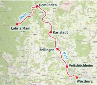 Der Abschnitt des MainRadweges führt von Lohr über Gemünden, Karlstadt und Veitshöchheim nach Würzburg