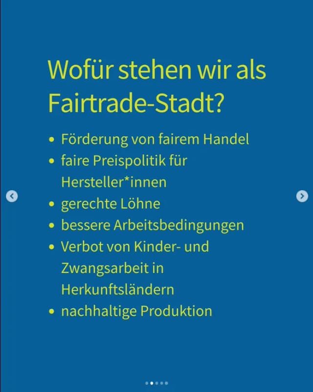 Infografik zu Zielen als Fairtrade-Stadt: Förderung fairen Handels, faire Preispolitik, gerechte Löhne, bessere Arbeitsbedingungen, Verbot von Kinder- und Zwang