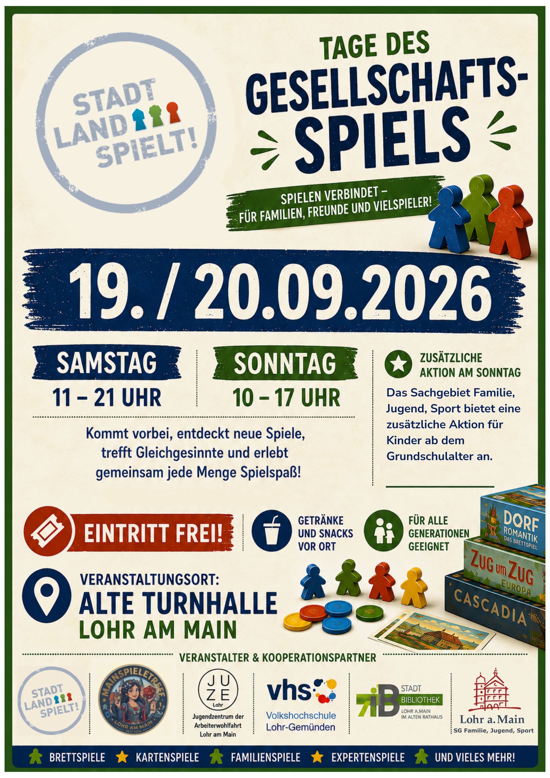 Plakat „Stadt Land Spielt!" zu den Tagen des Gesellschaftsspiels am 19./20.09.2026 in der Alten Turnhalle Lohr am Main, Eintritt frei, mit Spielfiguren, Chips und Spielekartons.