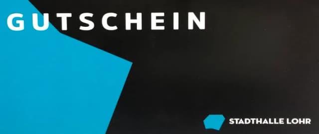 Gutschein der Stadthalle Lohr mit blauem und schwarzem Grafikmuster
