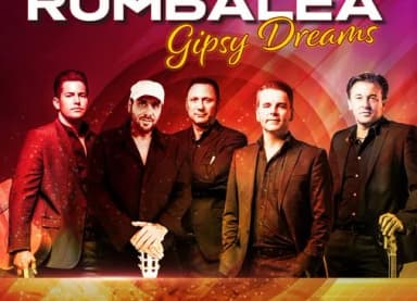 Plakat der Band Rumbalea „Gipsy Dreams“ mit fünf Musikern in dunkler Kleidung, teils mit Gitarren