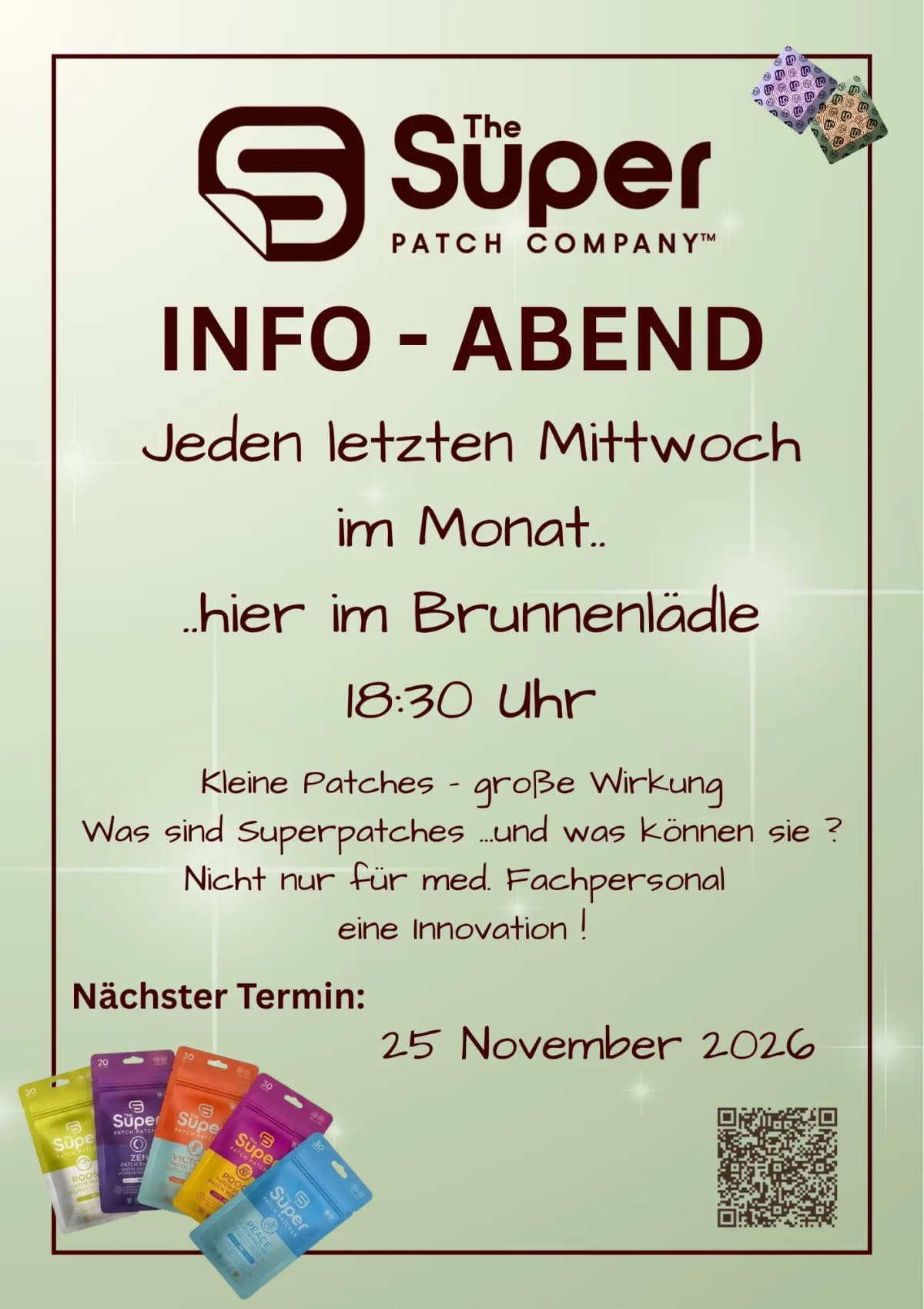 Ein grünes Plakat mit dem Superpatchlogo oben und unten in Textform die wichtigen Daten, wann und wo die Veranstaltung statt findet.