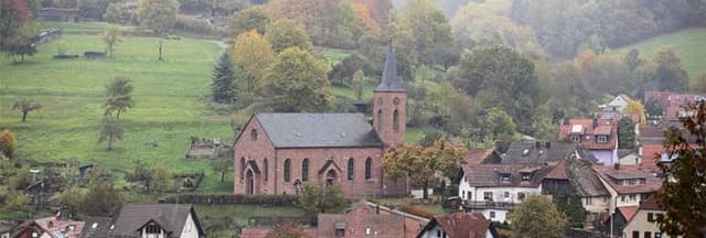 Kirche mit spitzem Turm zwischen Wiesen und Wald, umgeben von Wohnhäusern des Ortes Ruppertshütten