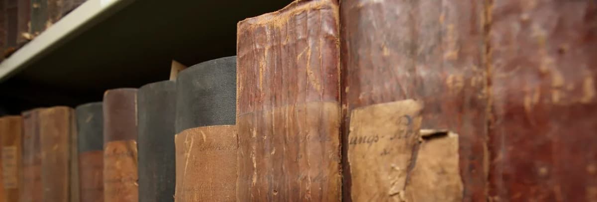 Reihe alter, ledergebundener Bücher mit abgenutzten Einbänden im Archivregal