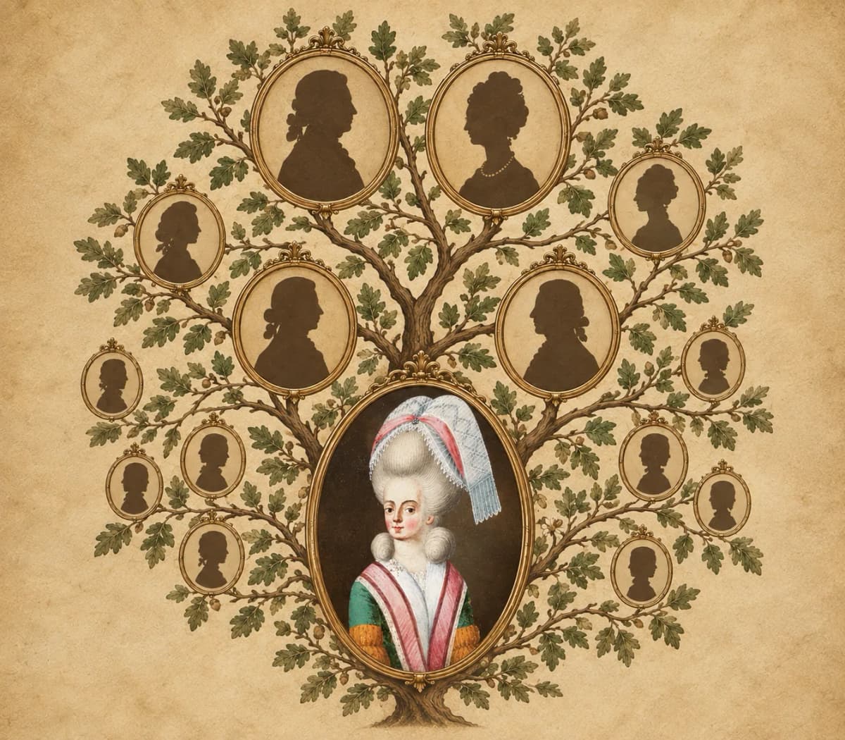 Maria Sophia von Erthal ist vor einem Stammbaum zu sehen, der ihre Eltern und Geschwistern abbildet. Beim Stammbaum handelt es sich um einen Baum, dessen Äste zu den Familienmitgliedern gehen. Die Familienmitglieder sind lediglich als Silhouetten dargestellt.