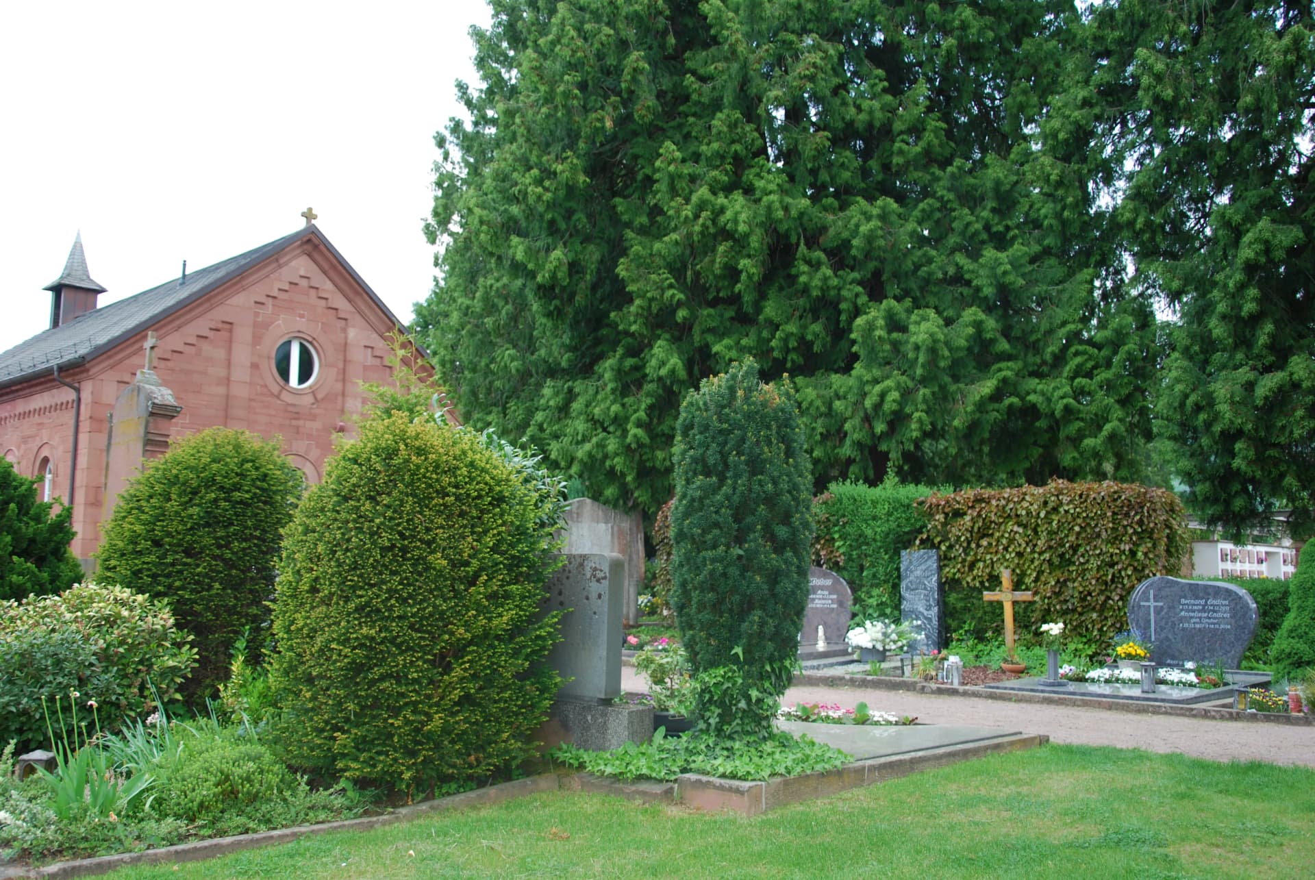 Friedhof mit Grabsteinen, Sträuchern und Nadelbäumen neben einer roten Kirche