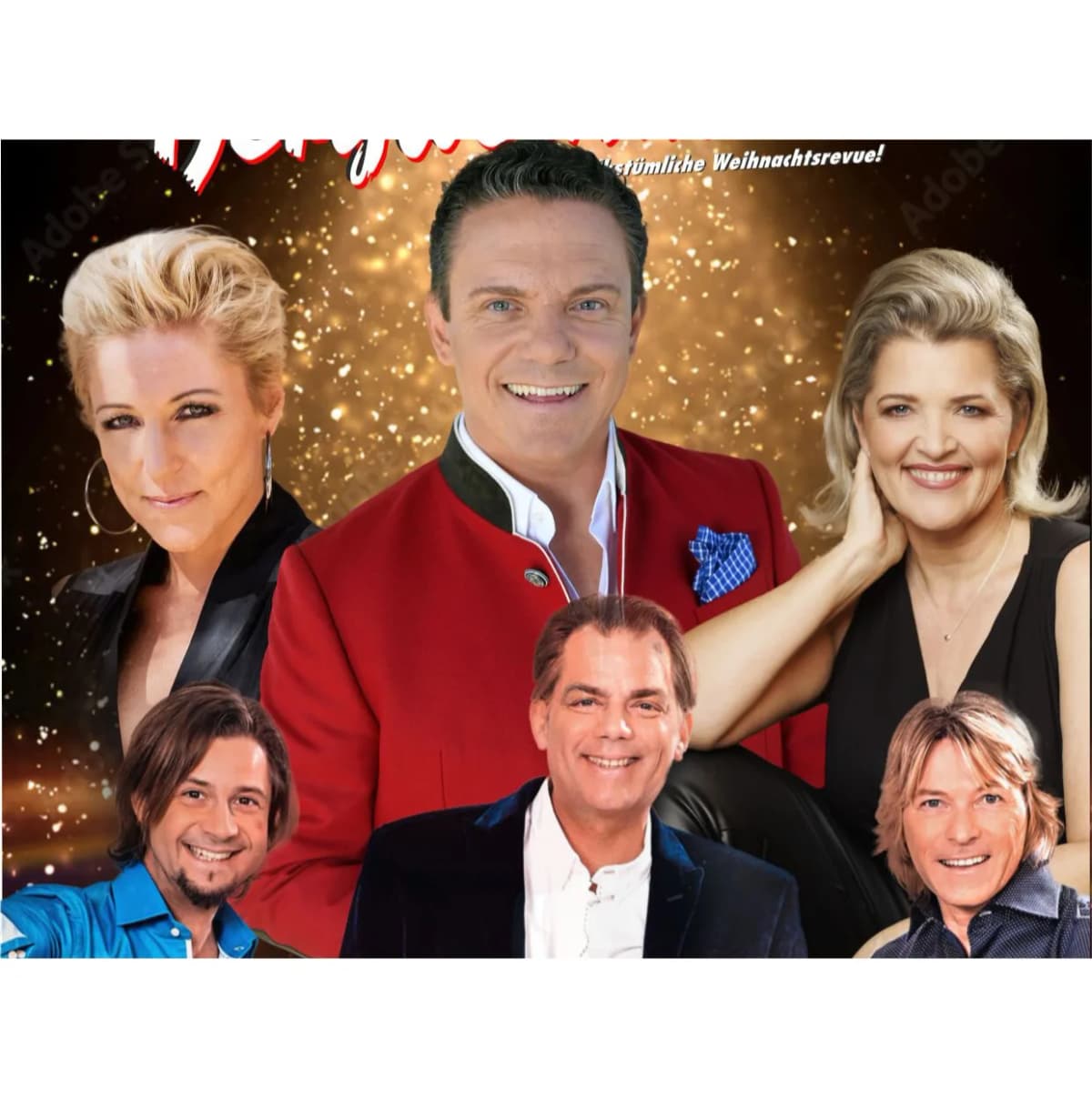Werbeplakat zur Weihnachtsrevue mit sechs lächelnden Personen vor goldenem Glitzerhintergrund, mittig ein Mann im roten Trachtenjacket.