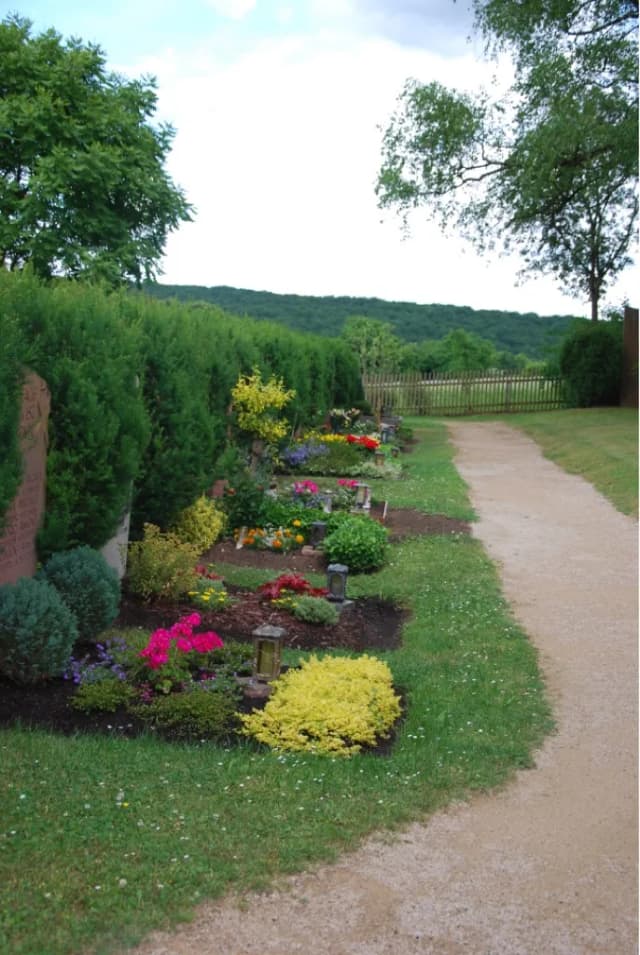 Gräberreihe mit bepflanzten Blumenbeeten und Hecken entlang eines Kieswegs auf einem Friedhof.