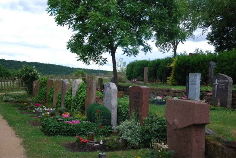 Friedhof mit Grabsteinen, bepflanzten Gräbern und Bäumen unter bewölktem Himmel