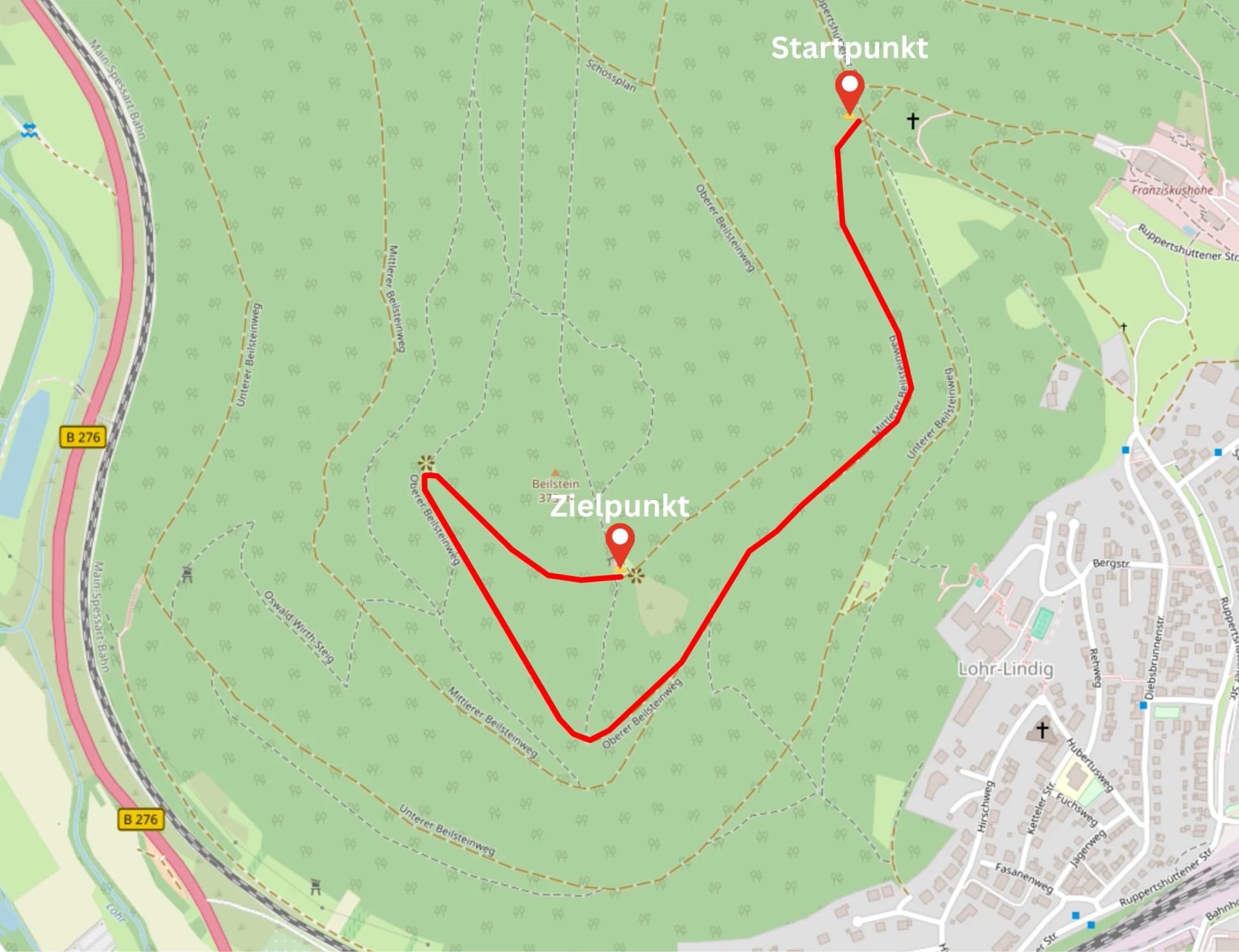 Kartenausschnitt mit rot markierter Wanderroute vom Startpunkt über den Beilstein bei Lohr-Lindig zum Zielpunkt