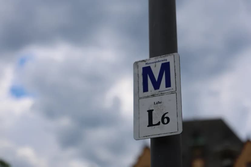 Blick auf das Symbol, dass den Mainwanderweg kennzeichnet. Dabei handelt es sich um ein großes, fettes M.