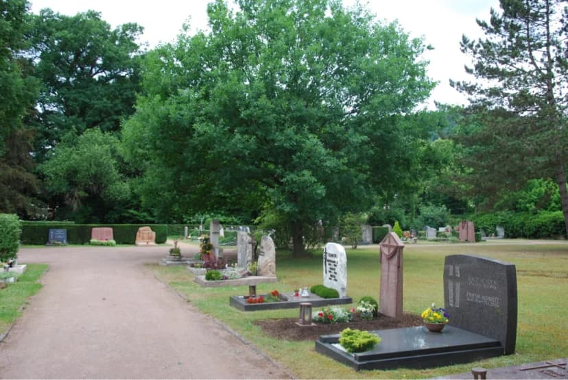 Friedhof mit Grabsteinen, Blumenschmuck und einem großen Baum entlang eines Wegs