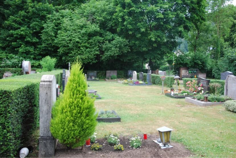 Friedhof mit Grabsteinen, Hecken und Bäumen sowie gepflegten Grabbepflanzungen auf einer Rasenfläche.