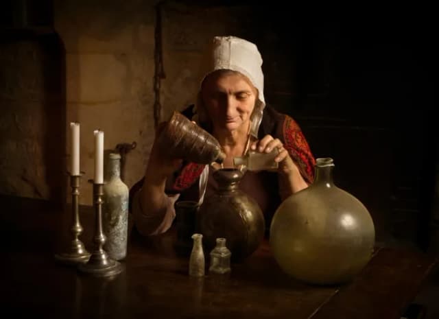 Frau in historischer Kleidung mit Haube schenkt aus alten Flaschen an einem Tisch mit Kerzenleuchtern und Glasgefäßen ein