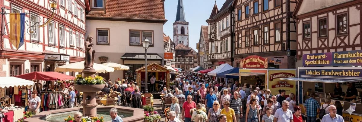 Belebte Marktstraße mit Fachwerkhäusern, Brunnen, Kirchturm und zahlreichen Besuchern zwischen Ständen mit Aufschriften wie „Flammkuchen" und „Bratwurst-Spezialitäten".