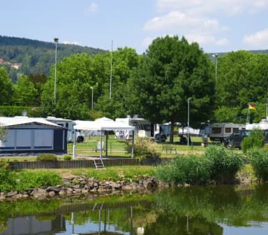 Mehrere Wohnmobil, die in Lohr am Main auf einem Campingplatz direkt am Mainufer stehen.