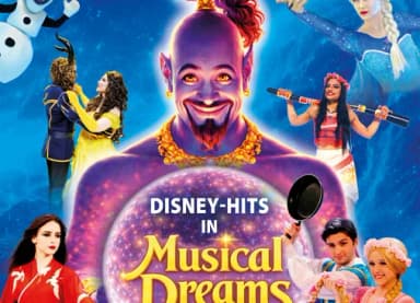 Plakat zur Show „Musical Dreams – Disney-Hits“ mit kostümierten Darstellern als Dschinn, Elsa, Belle und weitere Disney-Figuren
