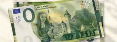 Souvenirschein mit Aufdruck „Lohr a.Main Schneewittchenstadt“ und Motiven von Schloss und Figuren