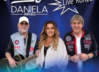 Plakat für Live-Konzert mit Daniela Alfinito und zwei Musikern, einer mit Gitarre