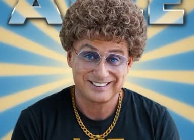 Mann mit lockiger Perücke, Brille und goldener Kette lächelt vor einem strahlenförmigen blau-gelben Hintergrund, Plakatmotiv