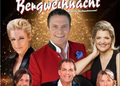 Werbeplakat 'Bergweihnacht' mit sechs lächelnden Darstellern der Weihnachtsrevue vor goldenem Hintergrund