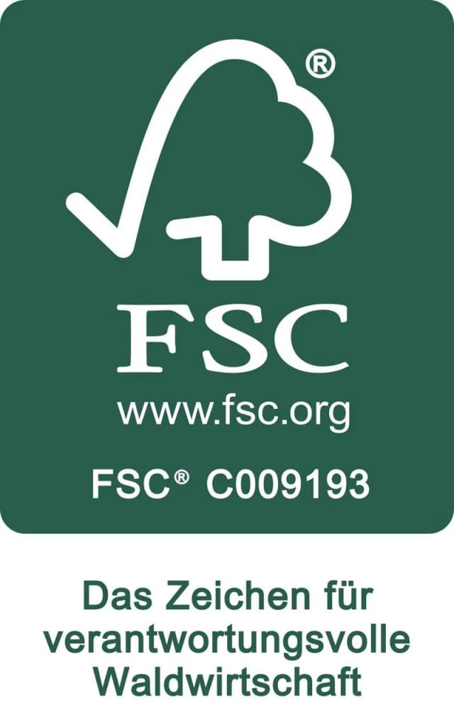 FSC-Logo mit Baum und Haken, Zertifikatsnummer C009193, Zeichen für verantwortungsvolle Waldwirtschaft