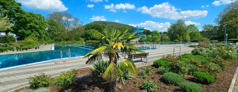 Freibad mit Schwimmbecken, Rutschturm und Palme im Vordergrund, umgeben von Grünanlagen und bewaldeten Hügeln