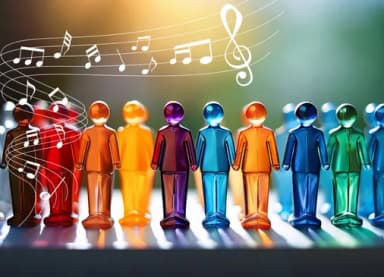Bunte, durchscheinende Figuren stehen aufgereiht Hand in Hand, darüber schweben Notenlinien und Notenschlüssel als Symbol für Musik und Gemeinschaft.