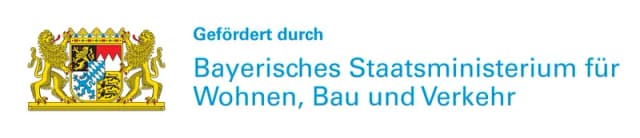 Bayerisches Wappen mit Löwen und Schriftzug: Gefördert durch Bayerisches Staatsministerium für Wohnen, Bau und Verkehr