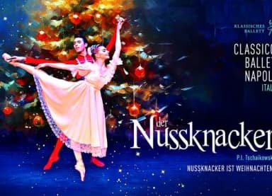 Werbeplakat für das Ballett „Der Nussknacker“: Tänzerpaar vor einem geschmückten Weihnachtsbaum, Classico Balletto Napoli