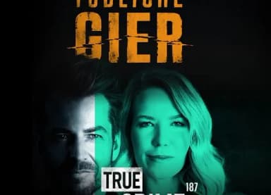 Plakat „Tödliche Gier“ mit Porträts von Mann und Frau, Schriftzug True Crime