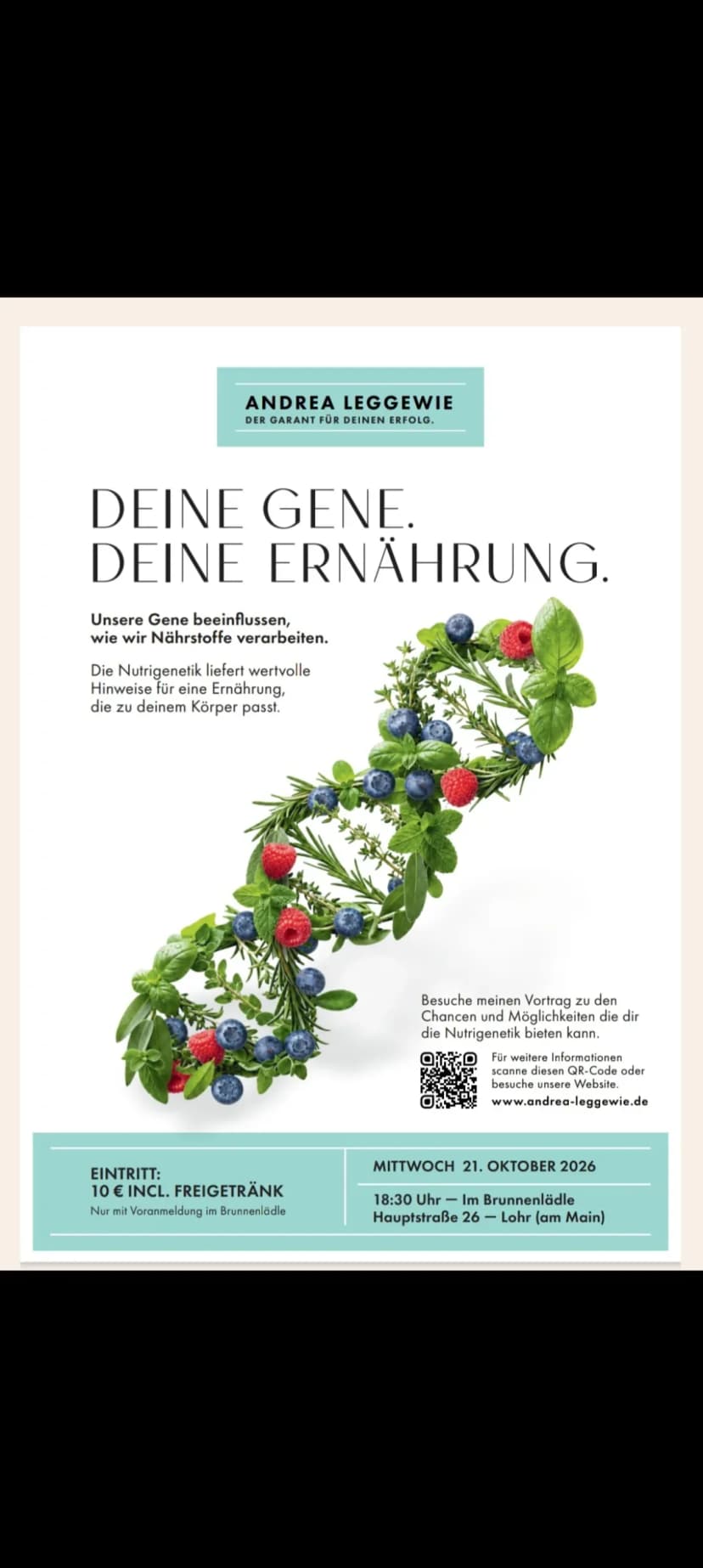 Ein Genstrang aus Blättern und Beeren, mit allen Daten zum Fachvortrag auf einrm weißen Poster