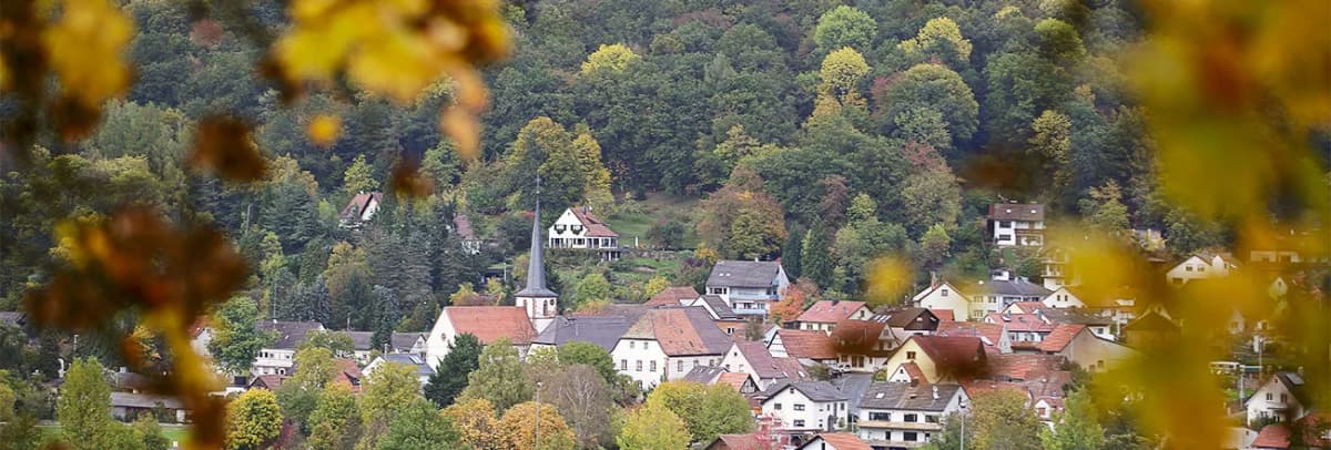 Blick durch herbstliches Laub auf einen Ort mit Kirchturm, umgeben von bewaldeten Hügeln.