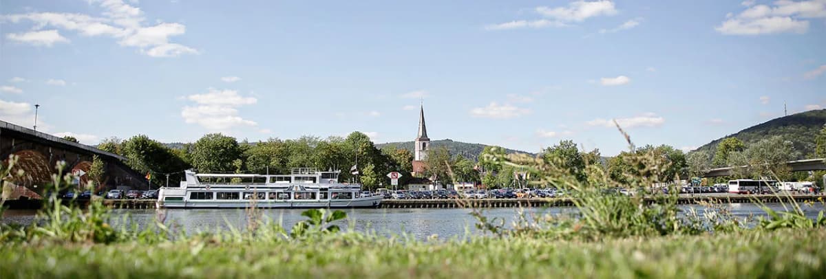 Ausflugsschiff am Mainufer vor einer Kirchturmspitze und bewaldeten Hügeln
