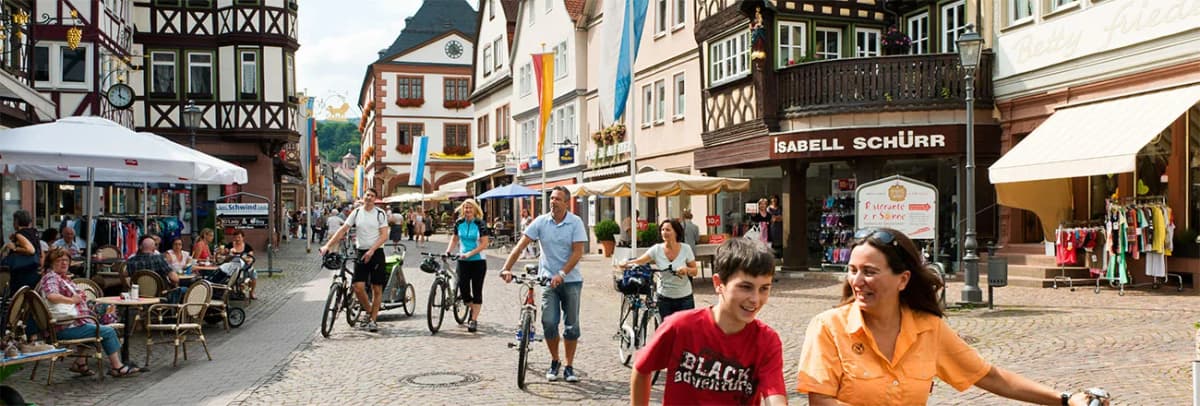 Fußgängerzone in der Altstadt mit Fachwerkhäusern, Passanten, Radfahrern und Straßencafés