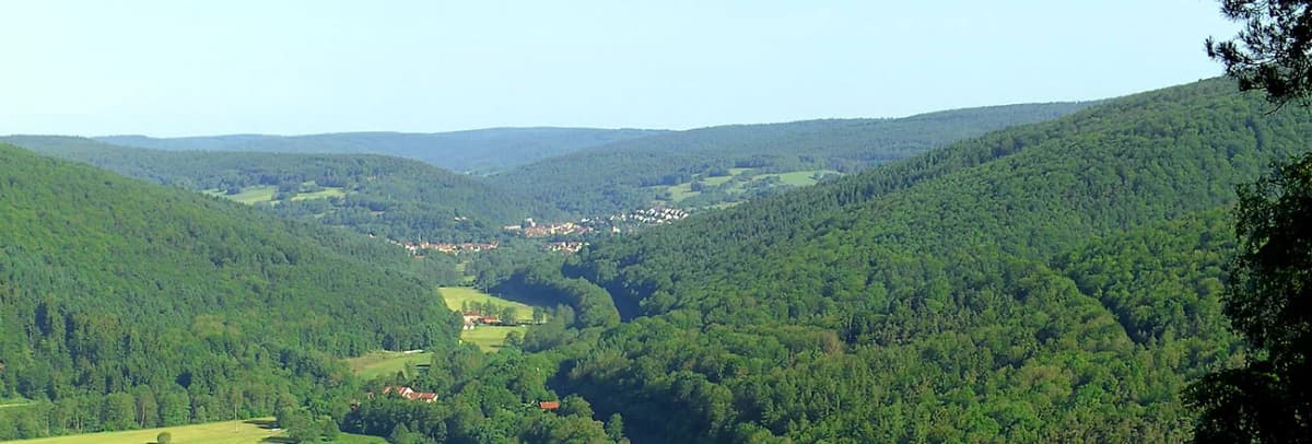 Bewaldetes Tal mit kleinem Ort in der Ferne, umgeben von grünen Hügeln im Spessart