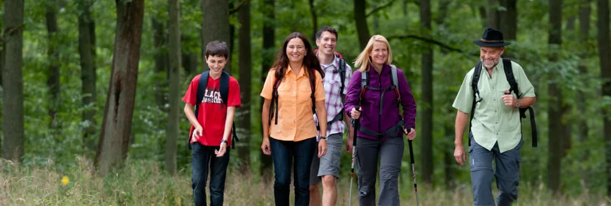 Fünf Personen mit Rucksäcken und Wanderstöcken gehen lächelnd auf einem Waldweg entlang.
