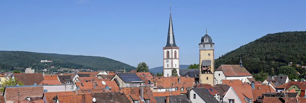 Stadtansicht von Lohr a. Main mit Kirchturm, Stadtturm und roten Dächern vor bewaldeten Hügeln