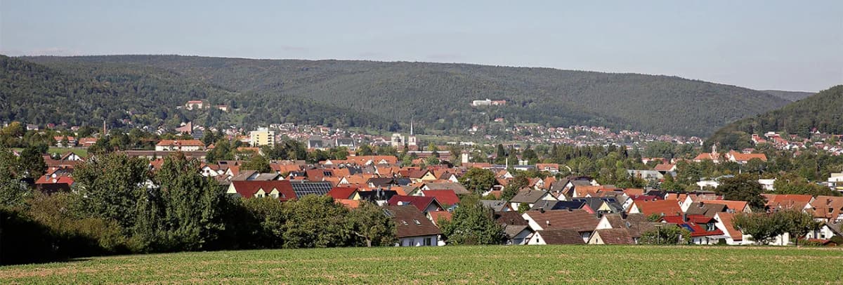 Blick über einen Ort mit Kirchturm und Wohnhäusern im Talkessel, umgeben von bewaldeten Hügeln des Spessarts.